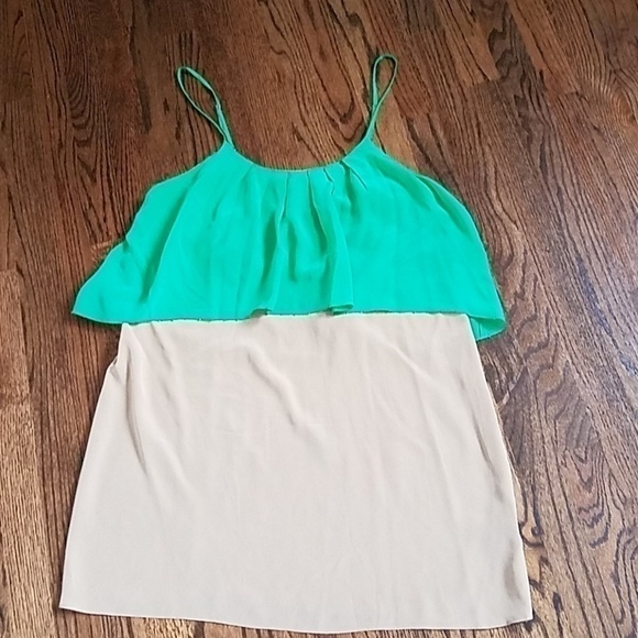 Anthropoogie Flowy Top Silk Spaghetti Straps Olive Green Tan Shift Tiered Dress - Picture 4 of 8